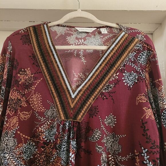 Susan Graver Womens Liquid Knit Top V-Neck Floral Blouse Size 1X Burgandy/Blue - Picture 2 of 12